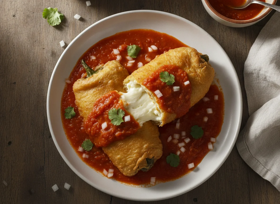 Chiles rellenos capeados en salsa de jitomate photo