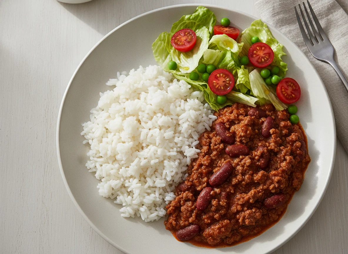 Chili con carne con arroz y ensalada photo