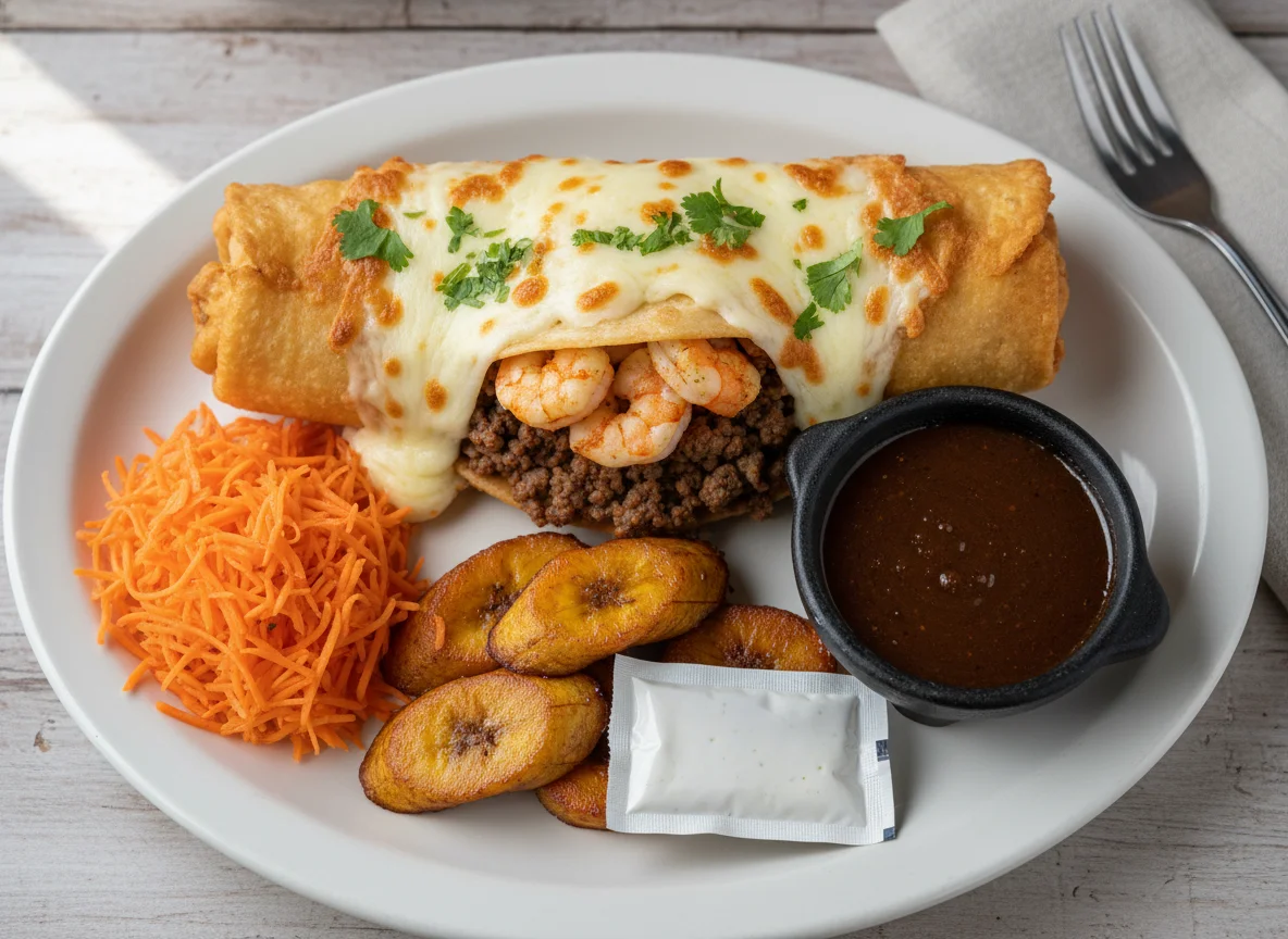 Chimichanga de camarones con acompañamientos photo