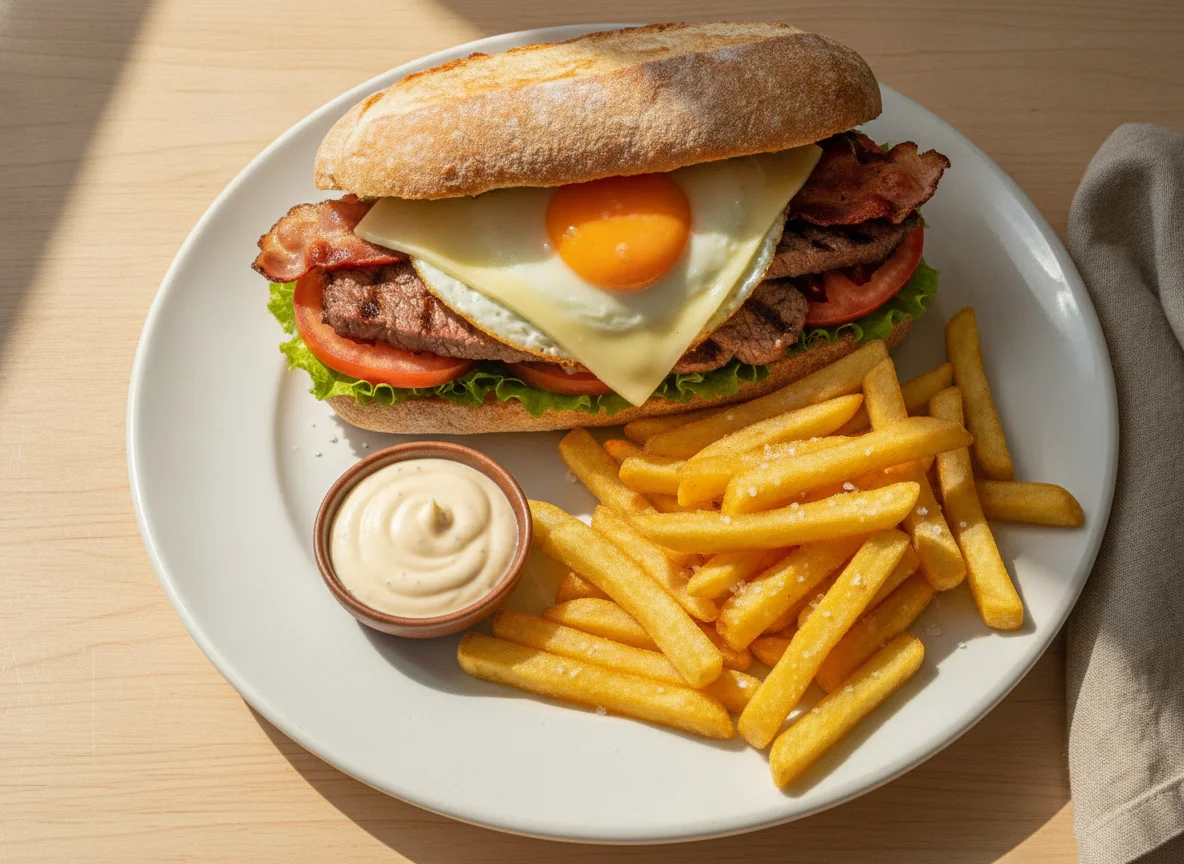 Chivito al pan con papas fritas photo
