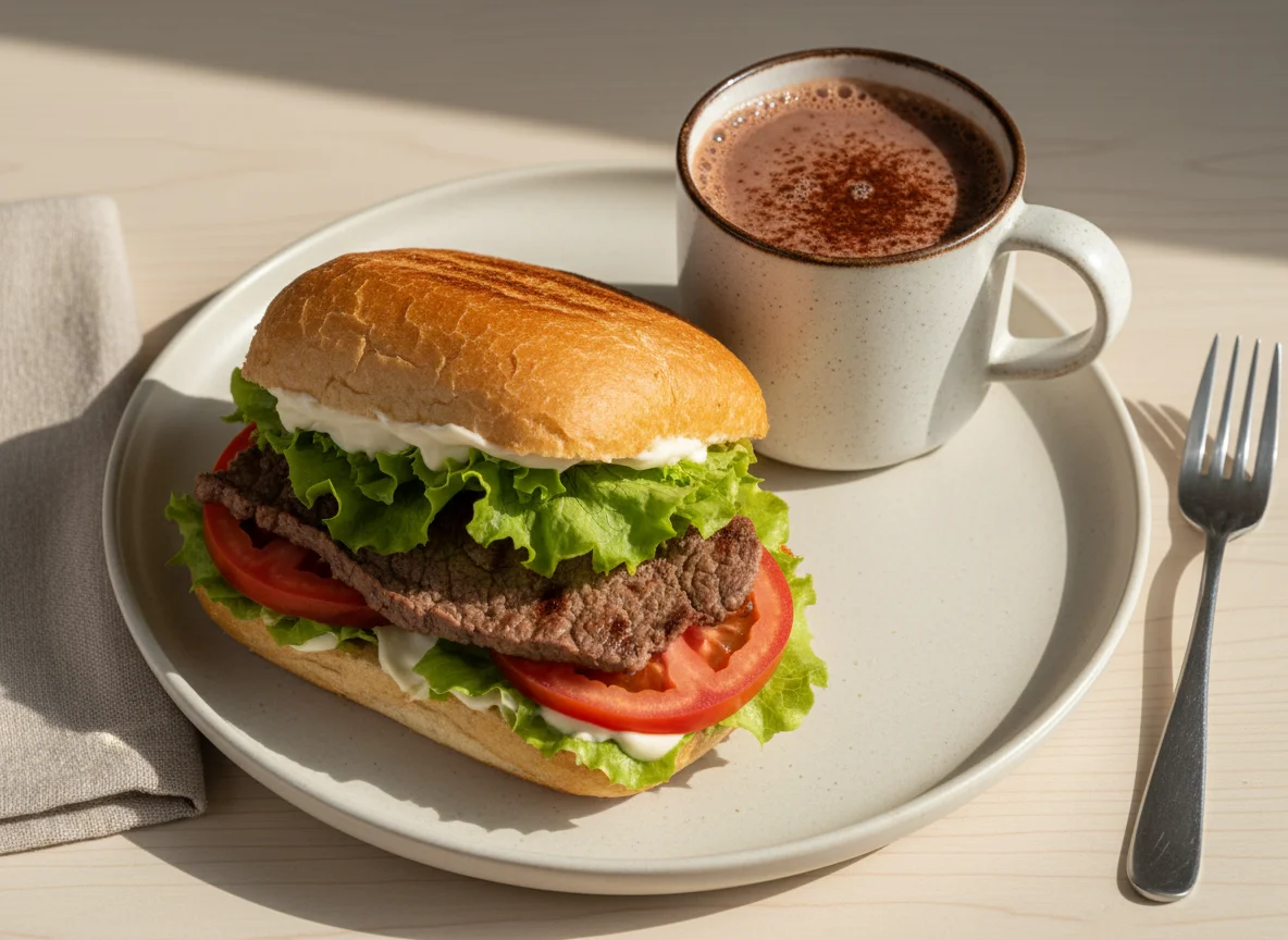 Chivito al plato con chocolate caliente photo