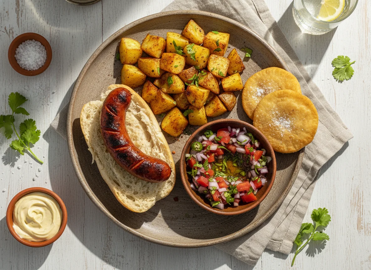 Choripán con papas y pebre photo