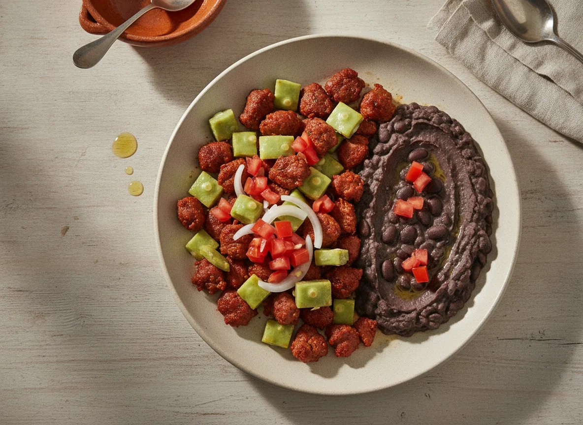 Chorizo casero con nopales y frijoles photo