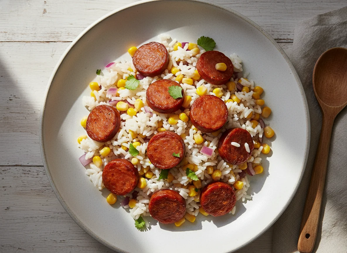 Chorizo con arroz y maíz photo