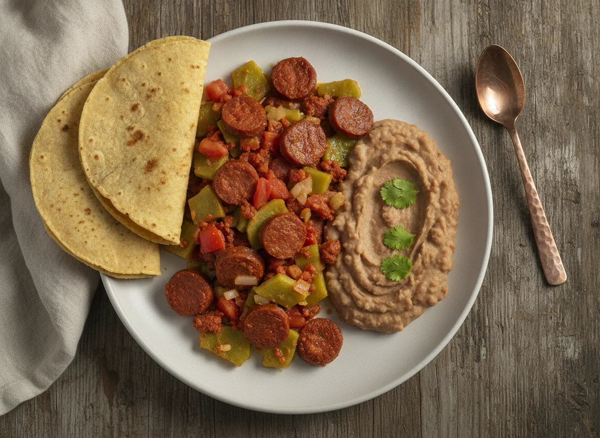 Chorizo con nopales y frijoles refritos photo