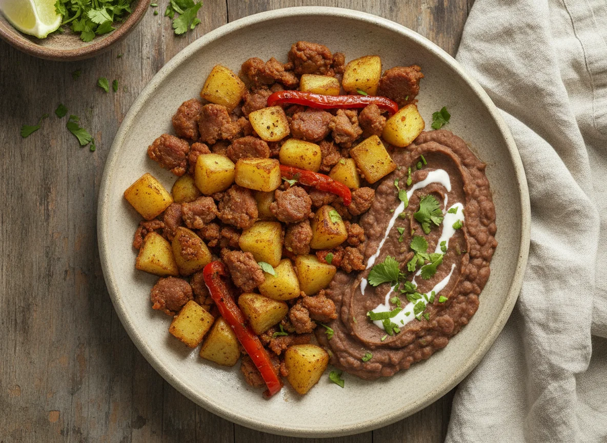 Chorizo con papa y frijoles photo