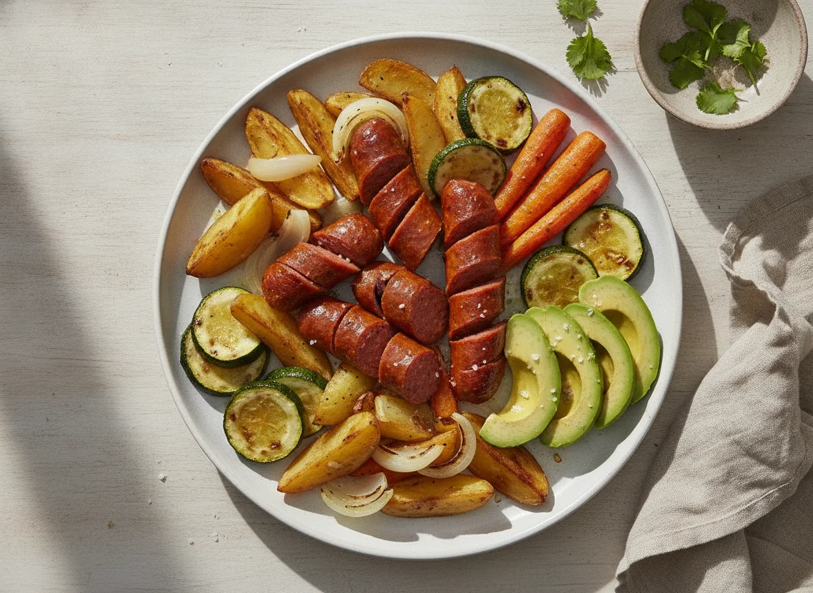 Chorizo con vegetales asados y aguacate photo