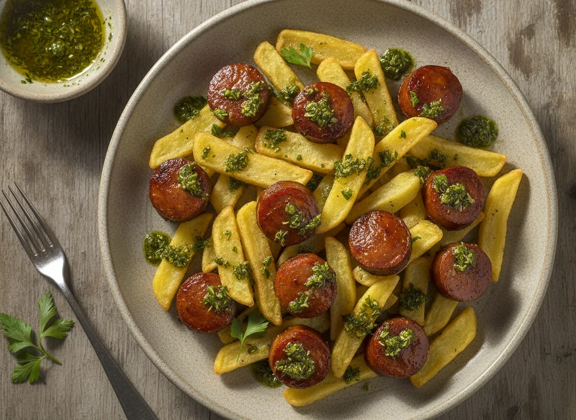Chorizo frito con patatas fritas y salsa photo