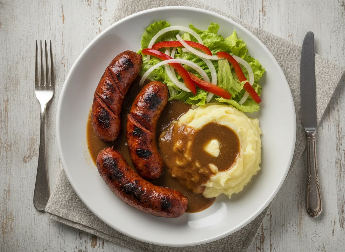 Chorizo parrillero con puré de papas y ensalada photo