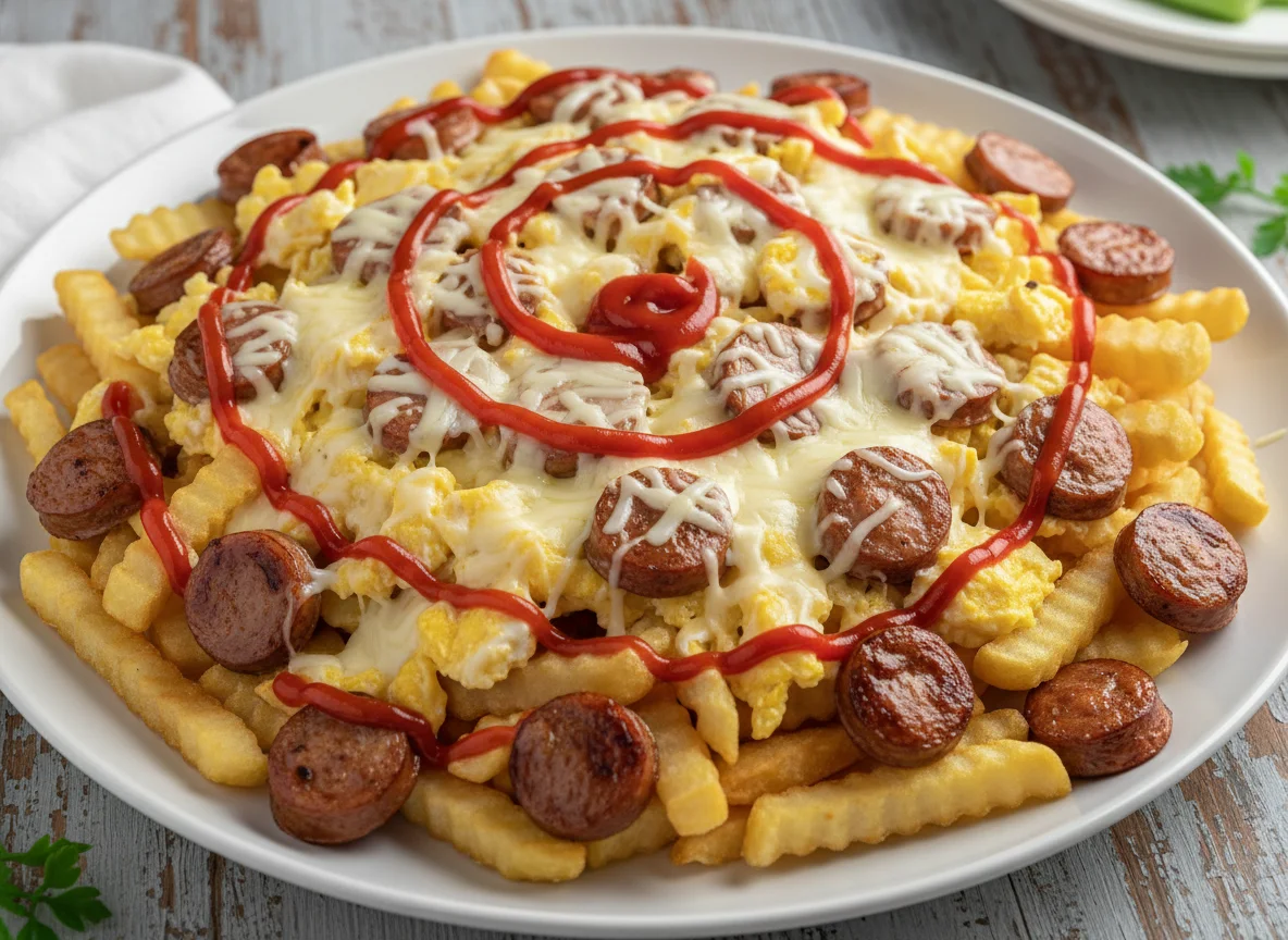 Chorrillana con salchicha y queso photo