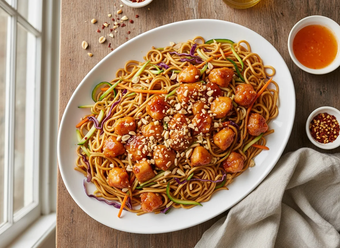 Chow mein con pollo agridulce y pollo a la naranja photo