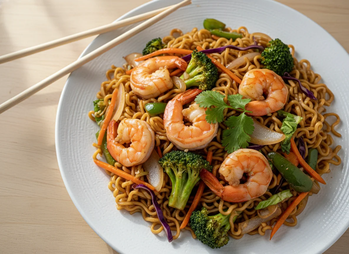 Chow mein de camarones y verduras photo