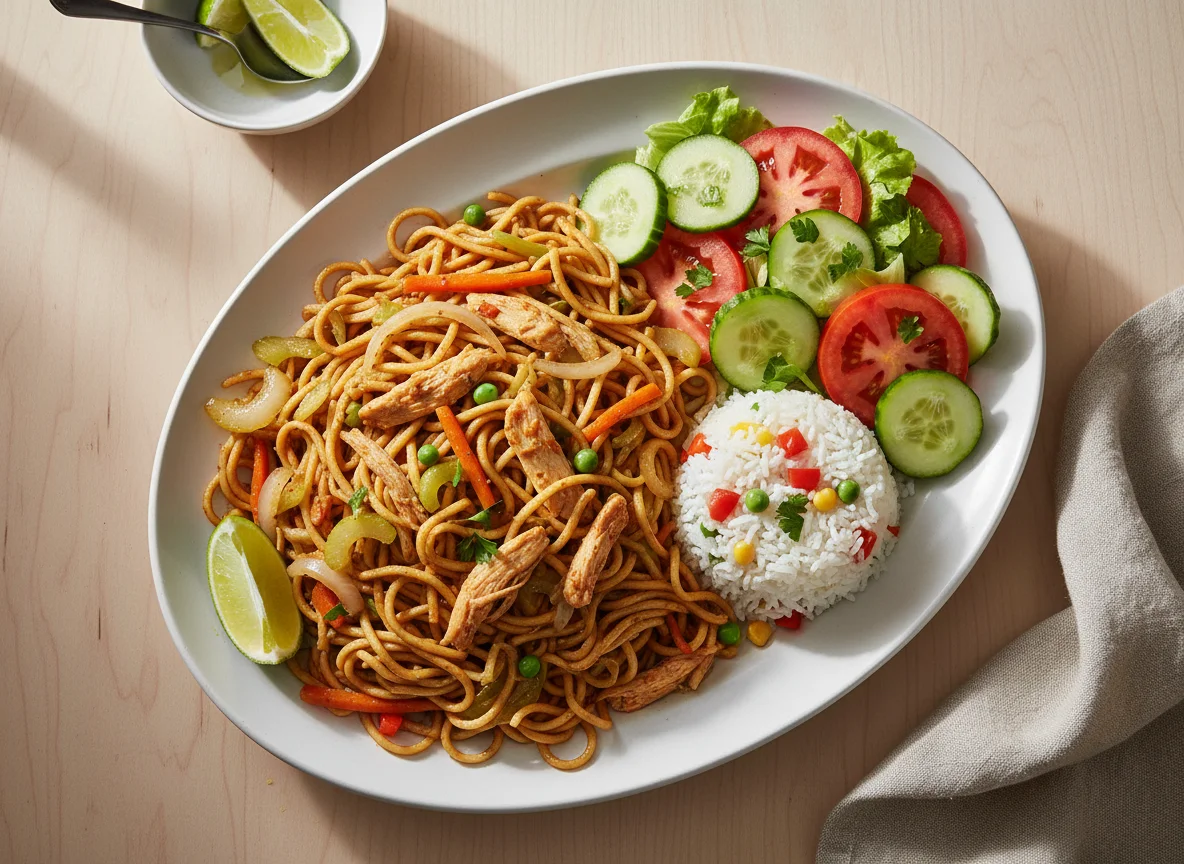Chow mein de pollo con arroz y ensalada photo