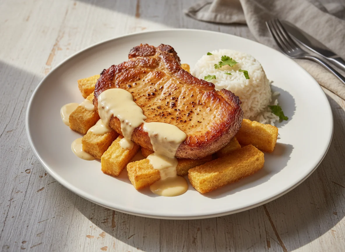 Chuleta ahumada con yuca frita y arroz photo