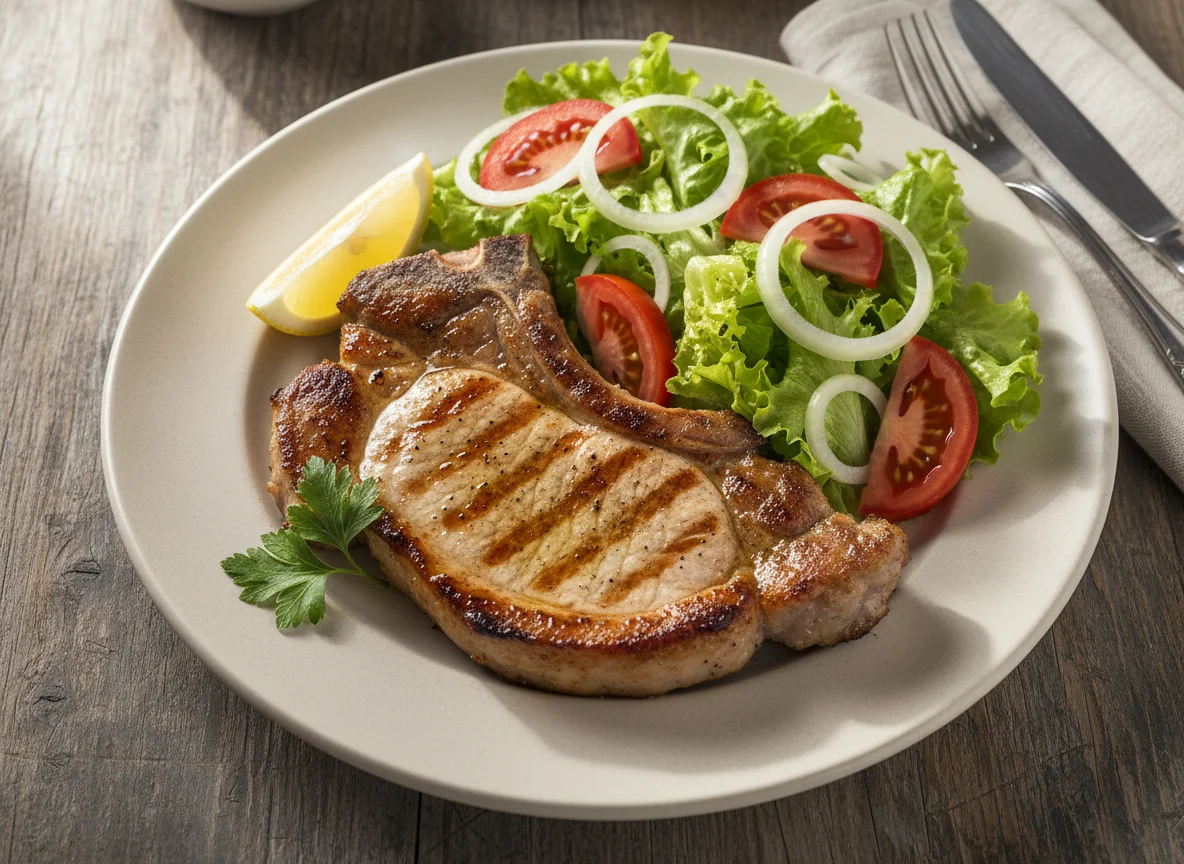 Chuleta de cerdo a la plancha con ensalada photo