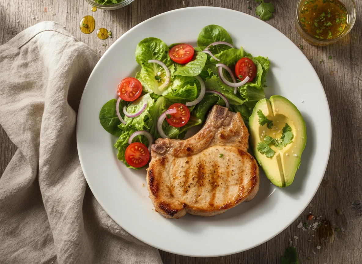 Chuleta de cerdo a la plancha con ensalada y aguacate photo