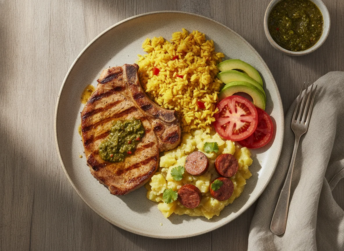 Chuleta de cerdo con arroz amarillo, locro de papas y aguacate photo