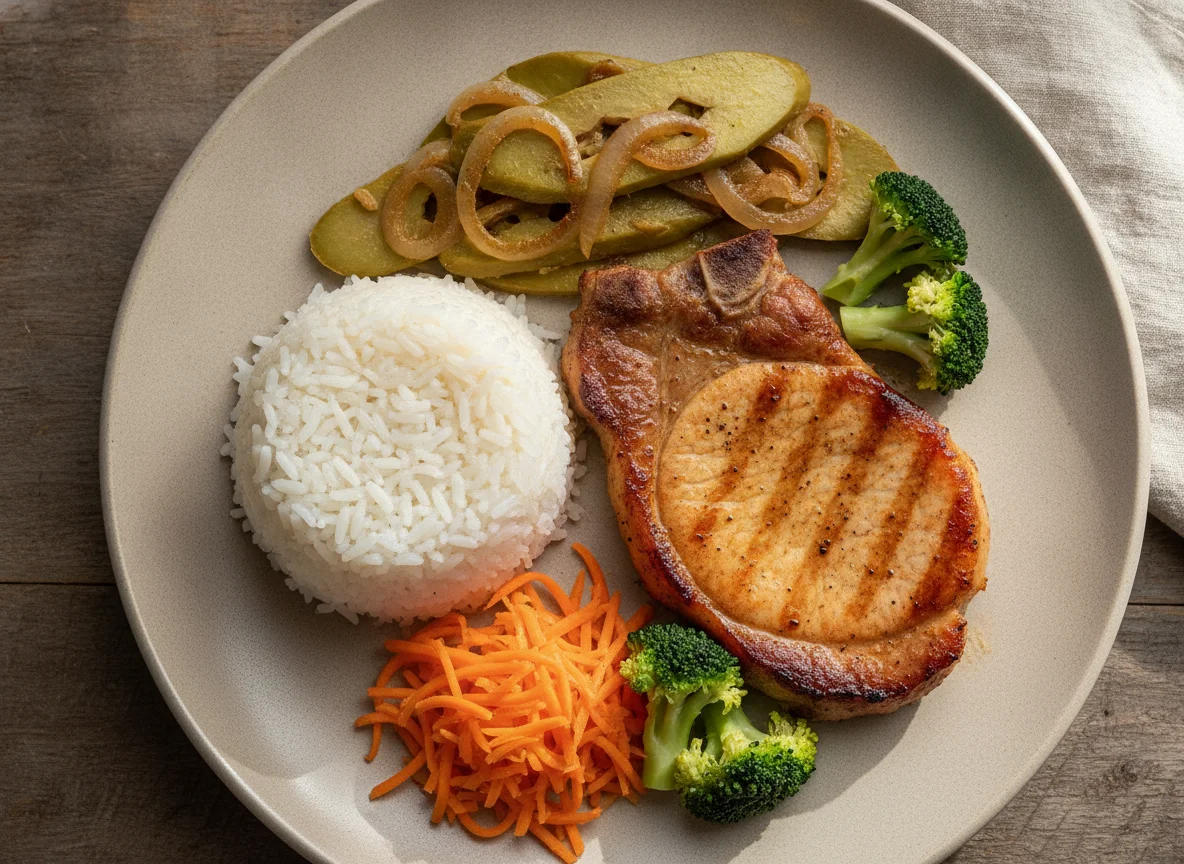 Chuleta de cerdo con arroz blanco, nopales y vegetales photo