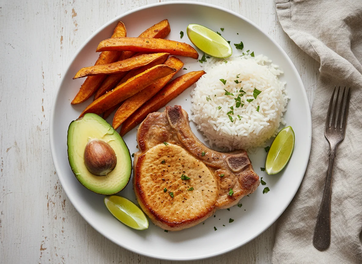 Chuleta de cerdo con arroz, boniato frito y aguacate photo