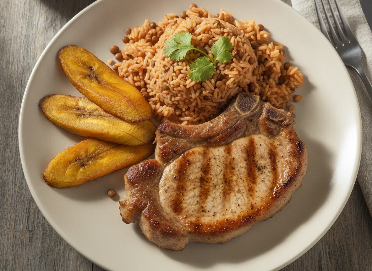 Chuleta de cerdo con arroz con lentejas y plátano photo