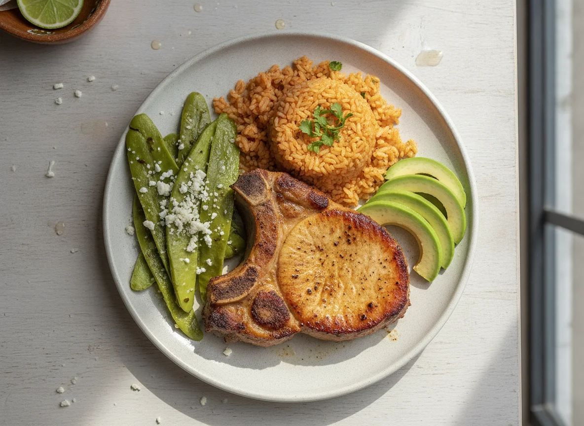 Chuleta de cerdo con arroz rojo, nopales y aguacate photo