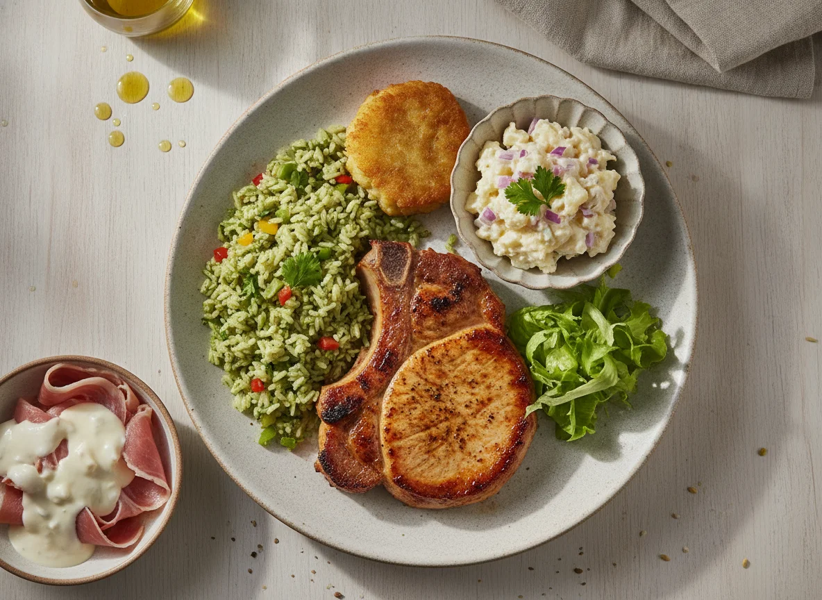 Chuleta de cerdo con arroz verde y ensalada de papa photo