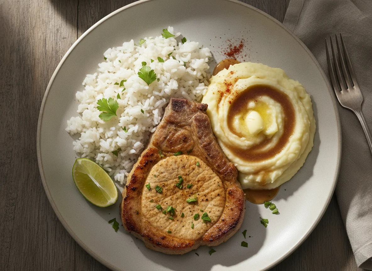 Chuleta de cerdo con arroz y puré de papas photo