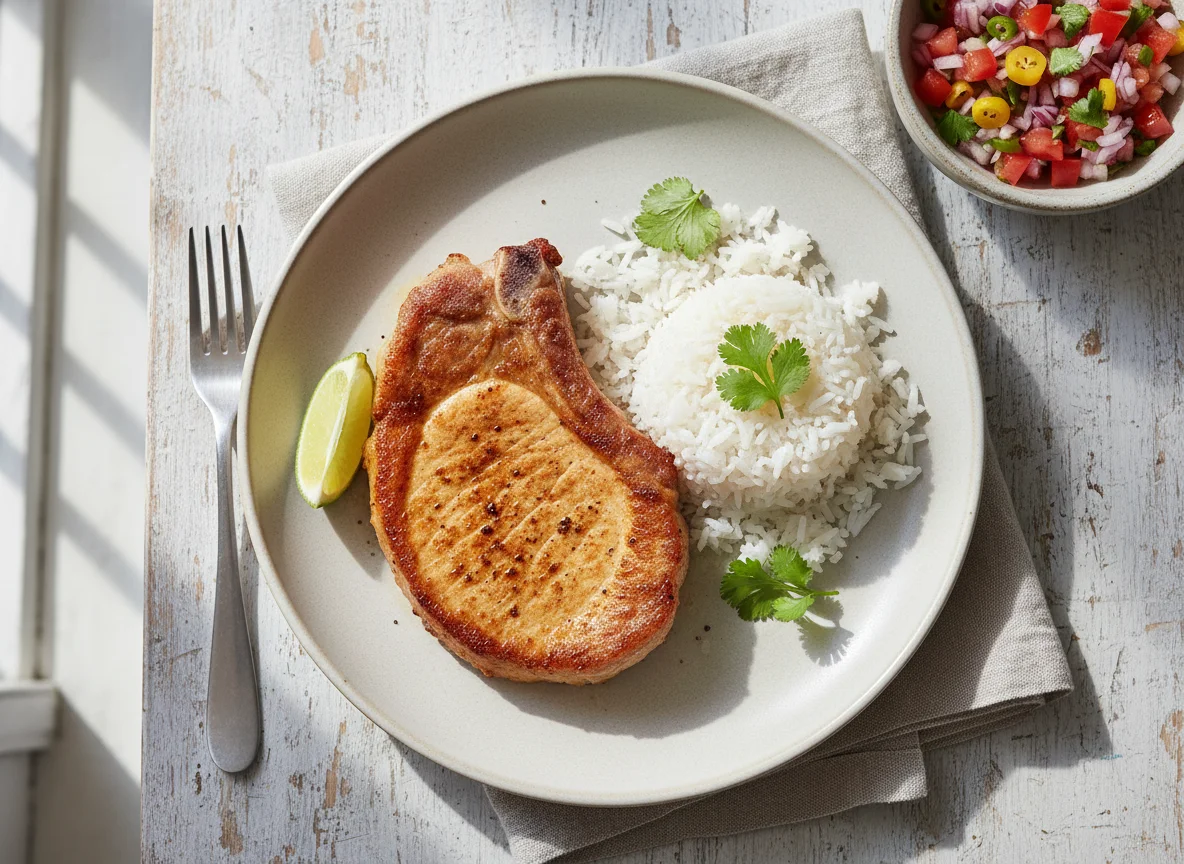 Chuleta de cerdo con arroz y salsa criolla photo