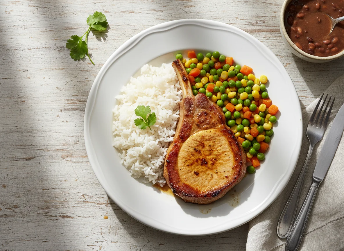 Chuleta de cerdo con arroz y vegetales photo