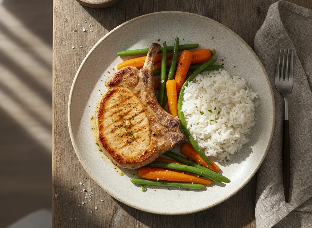 Chuleta de cerdo con arroz y verduras photo