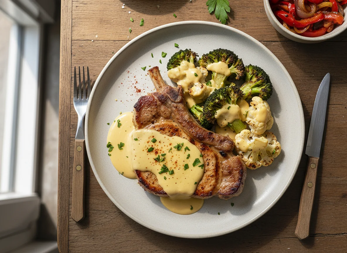 Chuleta de cerdo con brócoli y coliflor en salsa de queso photo