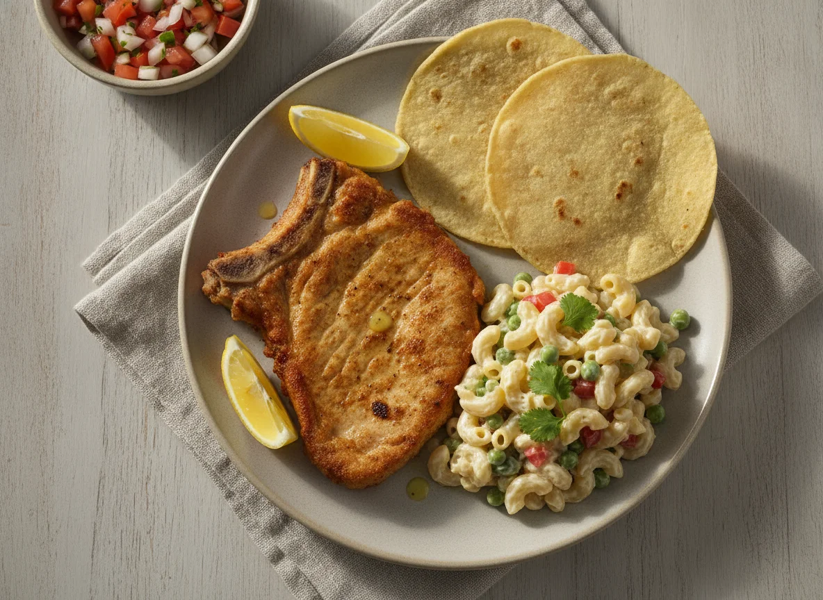 Chuleta de cerdo con ensalada de coditos y tortillas photo