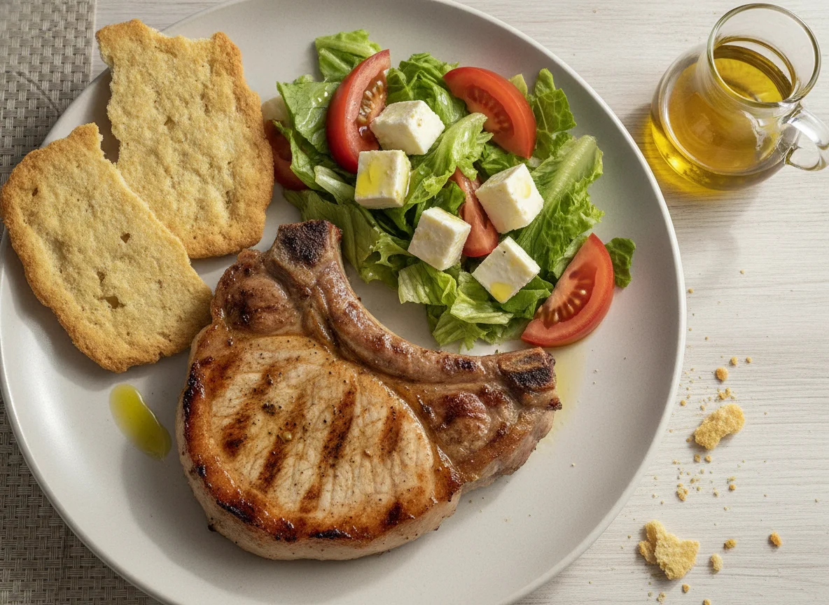 Chuleta de cerdo con ensalada mixta y galletas de campaña photo