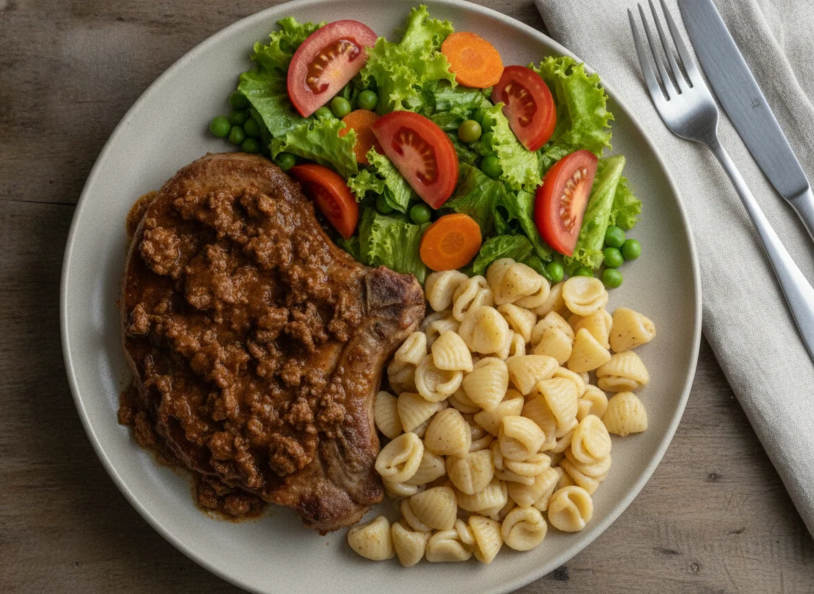 Chuleta de cerdo con ensalada y fideos photo