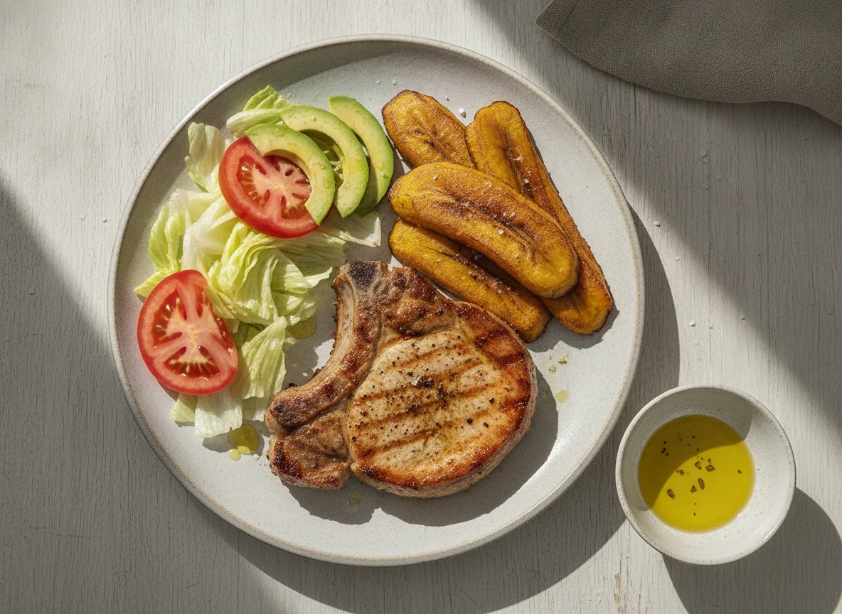Chuleta de cerdo con ensalada y maduro photo