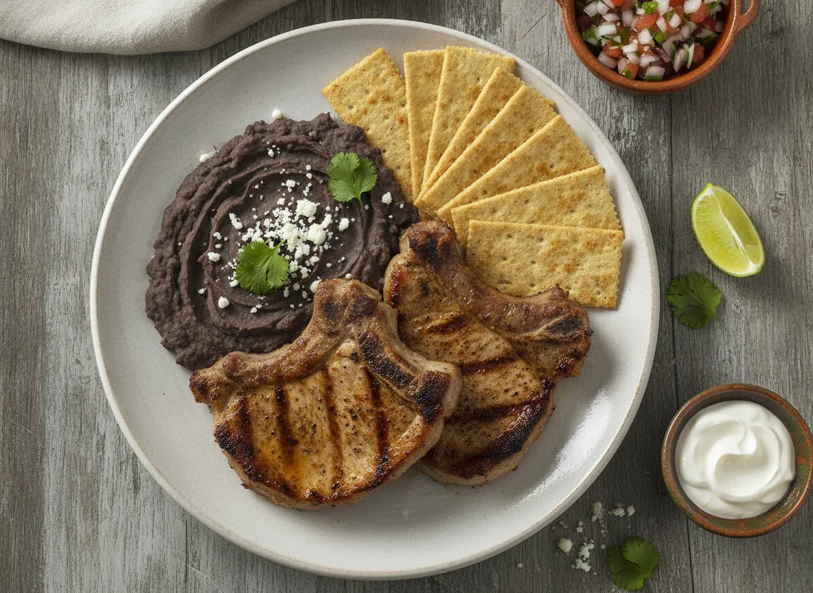 Chuleta de cerdo con frijoles refritos y galletas salmas photo