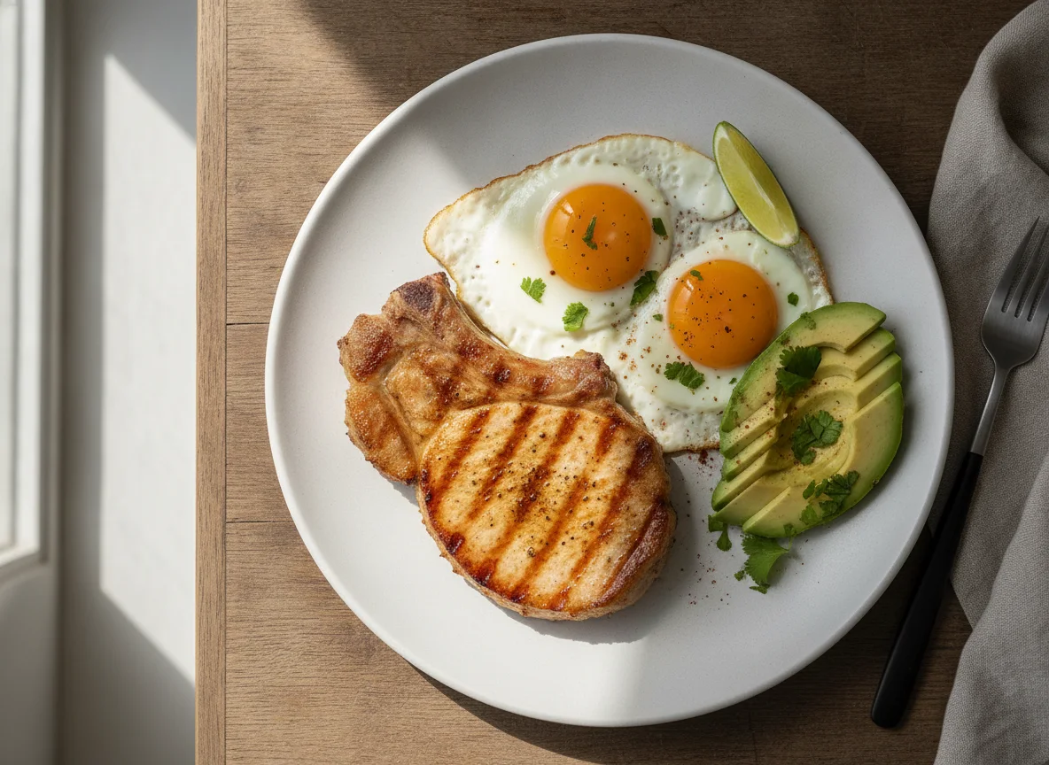 Chuleta de cerdo con huevos fritos y palta photo