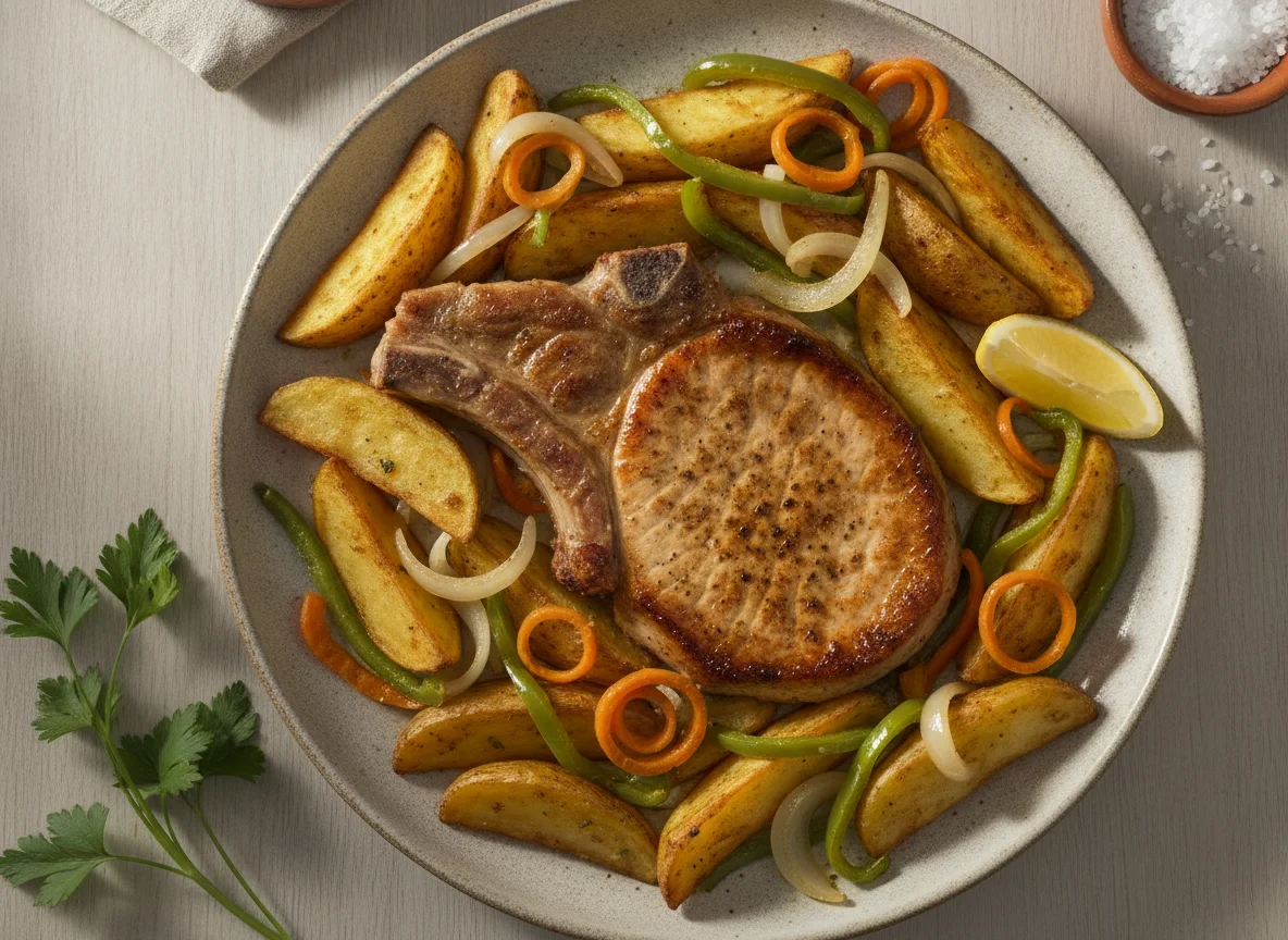Chuleta de cerdo con papas asadas y vegetales photo