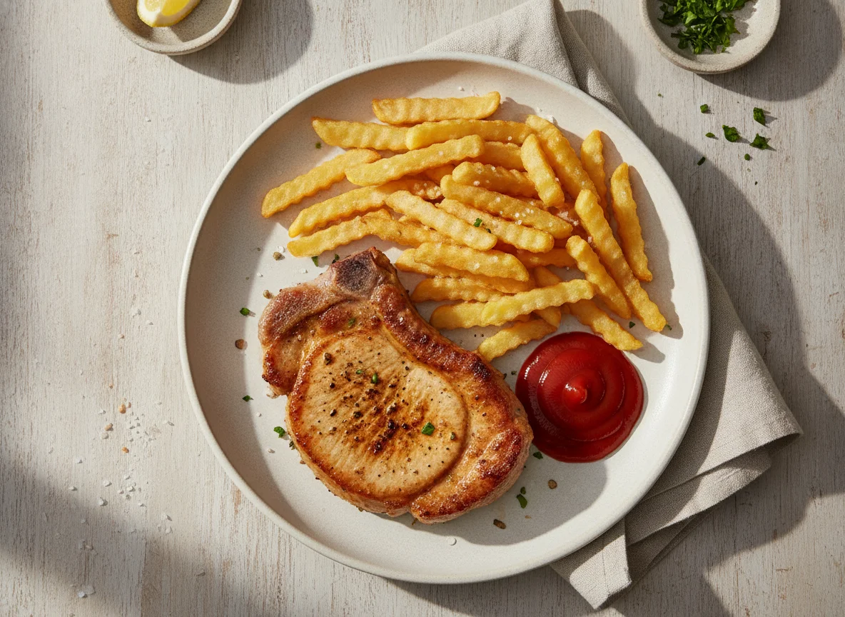 Chuleta de cerdo con papas fritas y ketchup photo