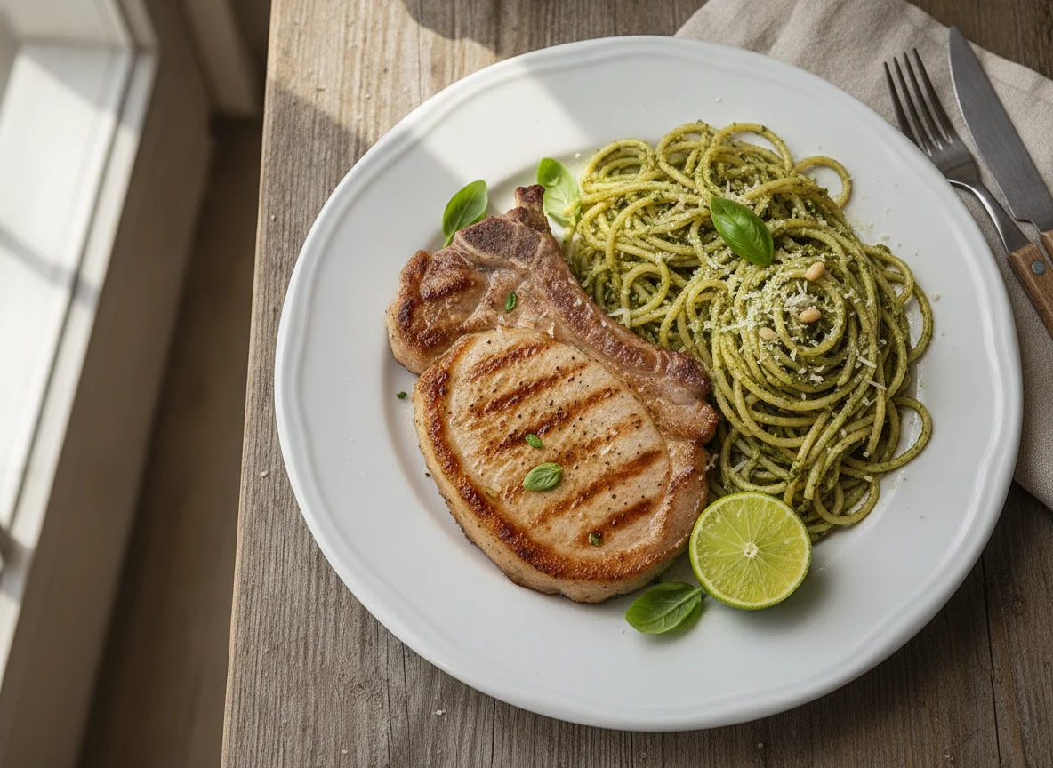 Chuleta de cerdo con pasta al pesto photo