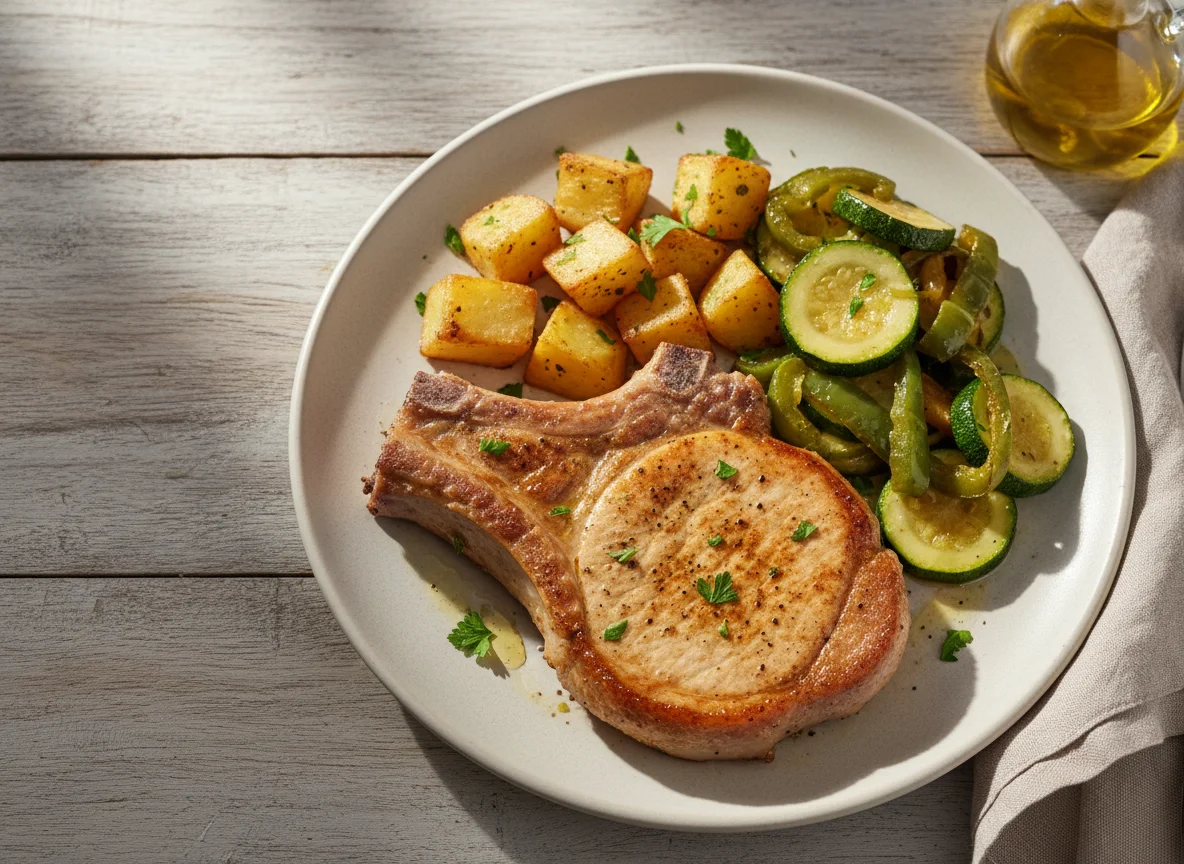 Chuleta de cerdo con patatas y verduras salteadas photo