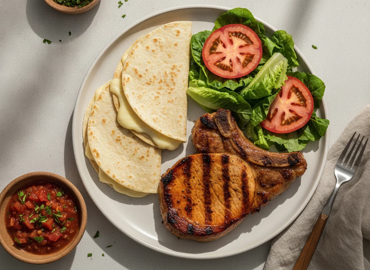 Chuleta de cerdo con quesadillas, ensalada y salsa photo