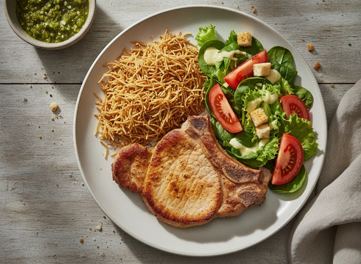 Chuleta de cerdo con sopa seca de fideo y ensalada photo