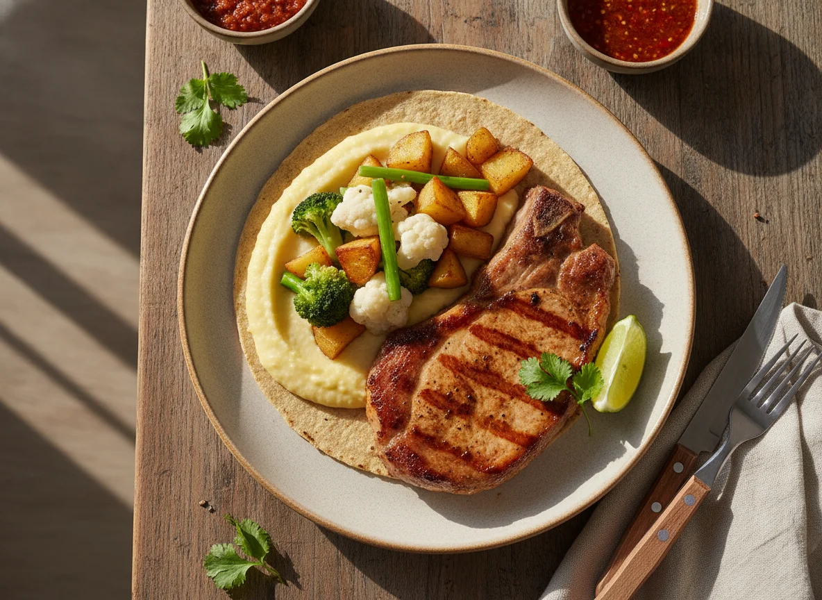Chuleta de cerdo con tortilla, puré de maíz y vegetales photo