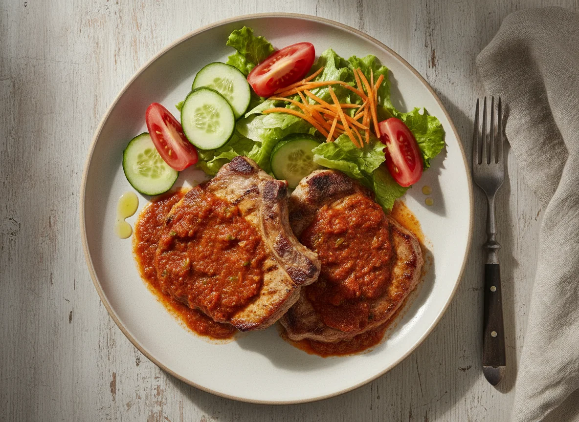 Chuleta de cerdo en salsa roja con ensalada photo