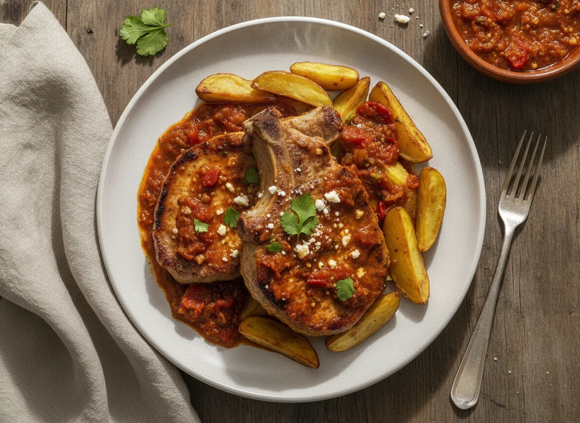 Chuleta de cerdo en salsa roja con papas photo