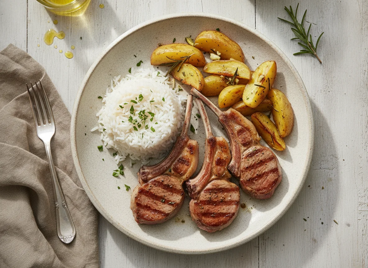 Chuleta de cordero con arroz y patatas asadas photo