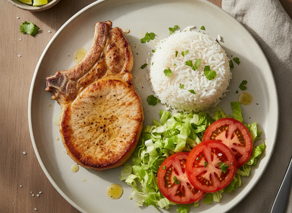 Chuletas de cerdo con arroz y ensalada photo