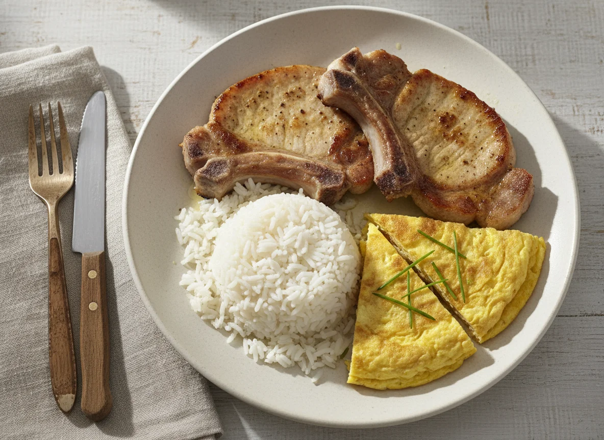 Chuletas de cerdo con arroz y tortilla de huevo photo