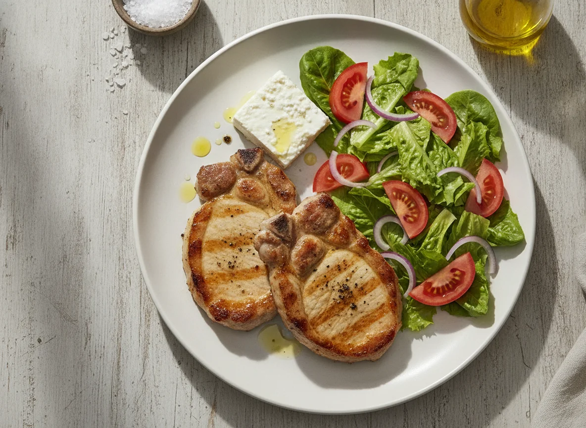Chuletas de cerdo con ensalada mixta y queso fresco photo